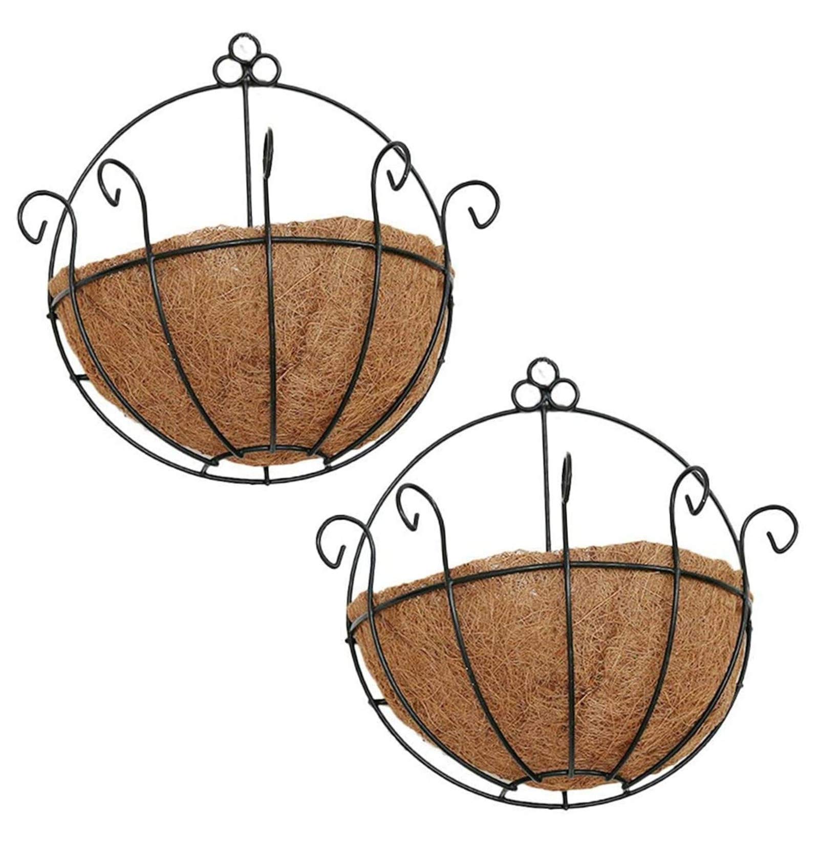 YGbridge Metal Half Round Wall Planter with Coco Liner, 2-Pack, Hanging Basket for Outdoor Plants, Wall Pot Plants Holder, Fence Hanging Planters