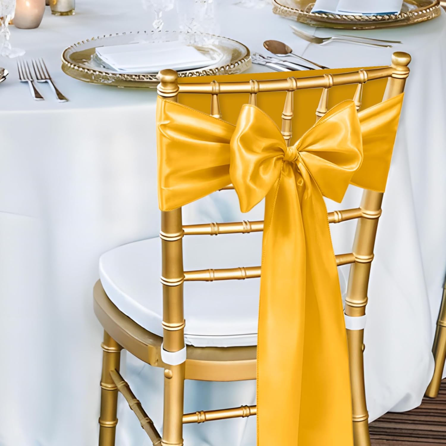 Satin Chair Sashes Bows 50 pcs Chair Ribbon Sashes for Wedding Party Reception Events Banquets Hotel Event Chairs Decoration（Gold 7x108 inch）