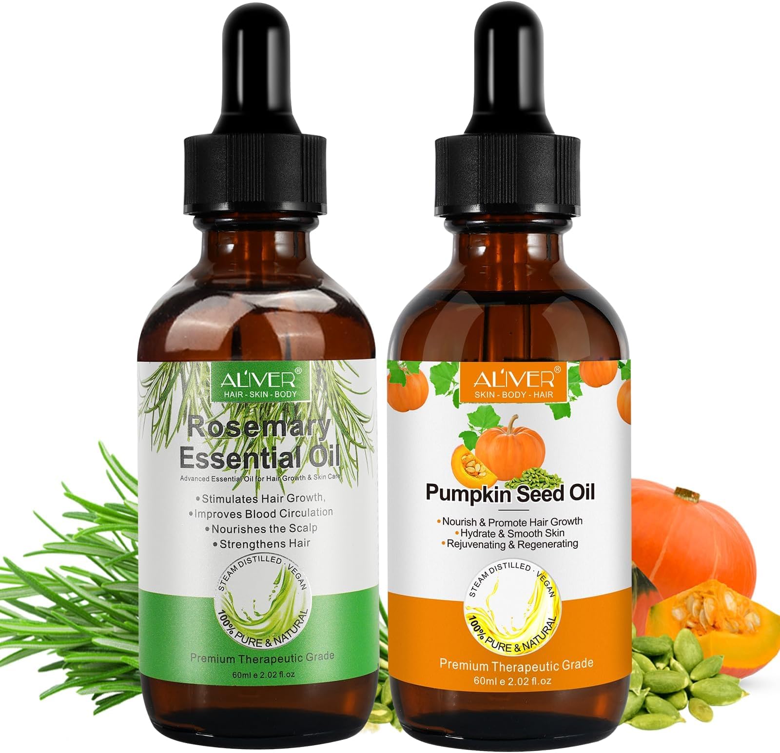 Pumpkin Seed Oil for Hair Growth, Moisturizing Dry Damaged Hair, Scalp, Face, Nails, Body, Skin Care Products,Pack with Rosemary Oil