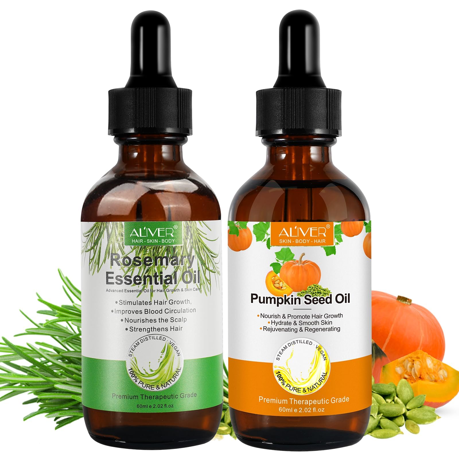 Pumpkin Seed Oil for Hair Growth, Moisturizing Dry Damaged Hair, Scalp, Face, Nails, Body, Skin Care Products,Pack with Rosemary Oil