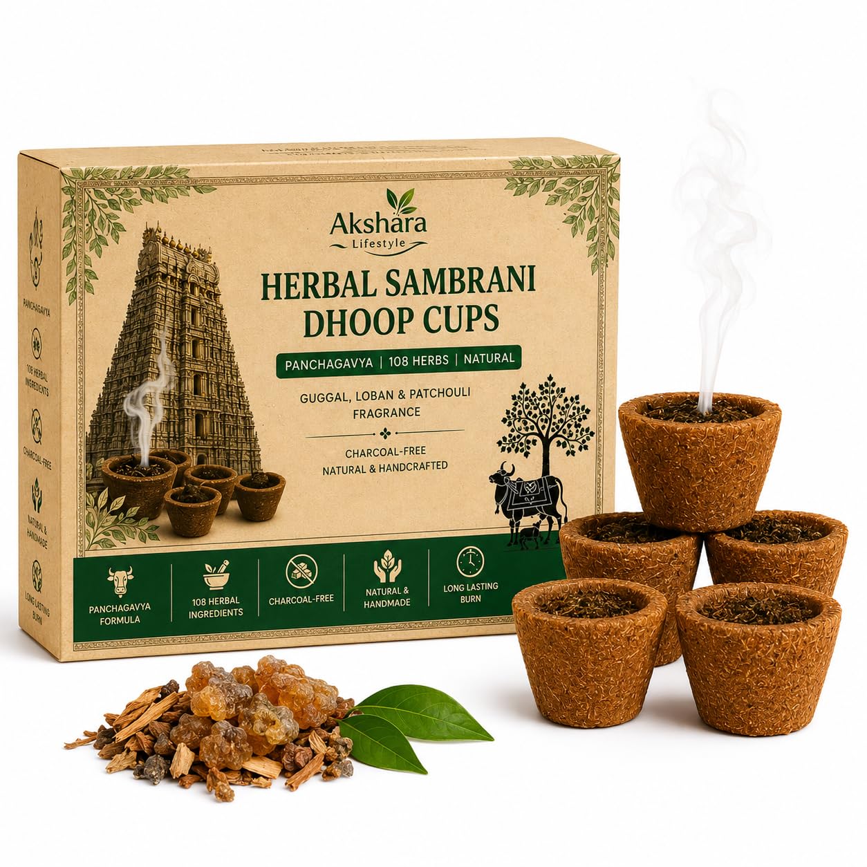 Herbal Sambrani Dhoop Cups (Pack of 35) | 108 Herbs, Guggal Loban & Patchouli Fragrance |Panchagavya Cow Dung Incense Cups for Pooja, Havan, Meditation | Charcoal-Free-picture-41