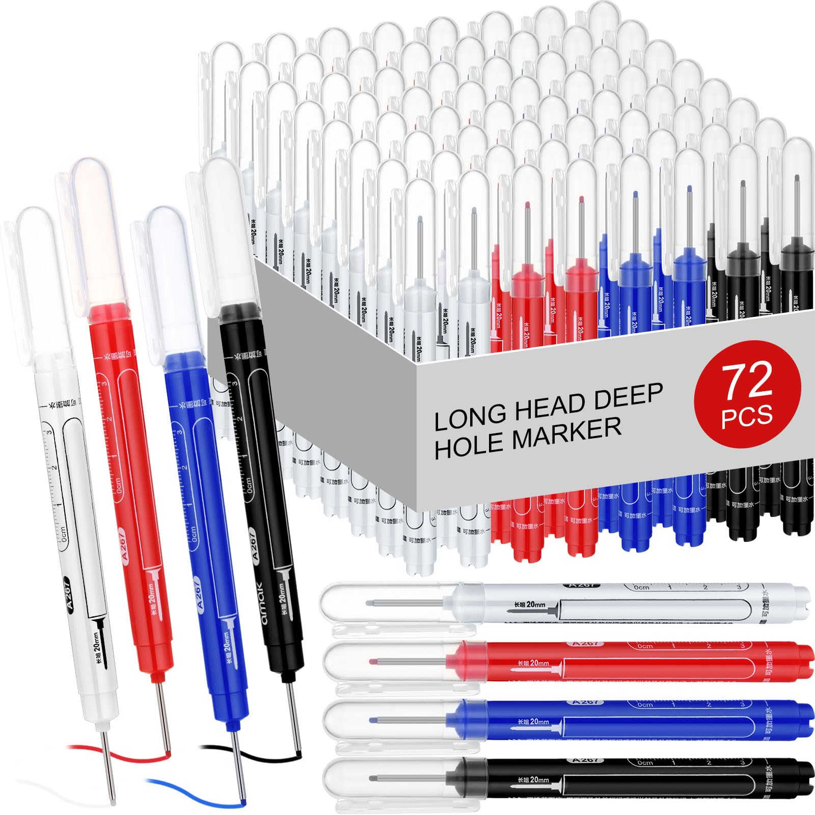 MotiMind 72 Pcs Deep Hole Marker Bulk Long Nib Marker Long Head Waterproof Multi-purpose Deep Reach for Christmas Father Gifts Carpenter Construction