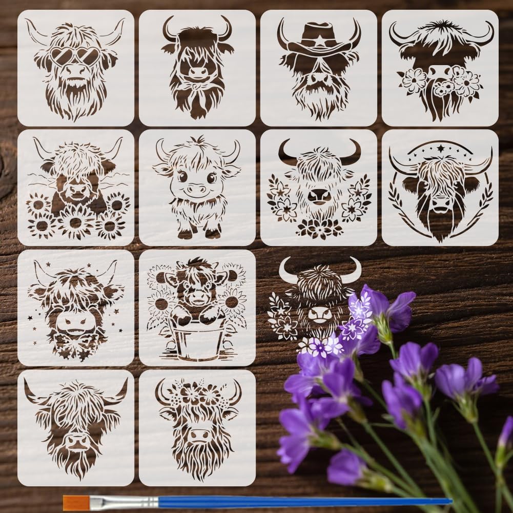FINGERINSPIRE 12Styles Farm Highland Cow Stencils with a Brush 7.9x7.9 Inch Cow Farmhouse Pattern Painting Stencils PET Animal Themes Template for Painting on Wood Fabric Furniture Home Decoration