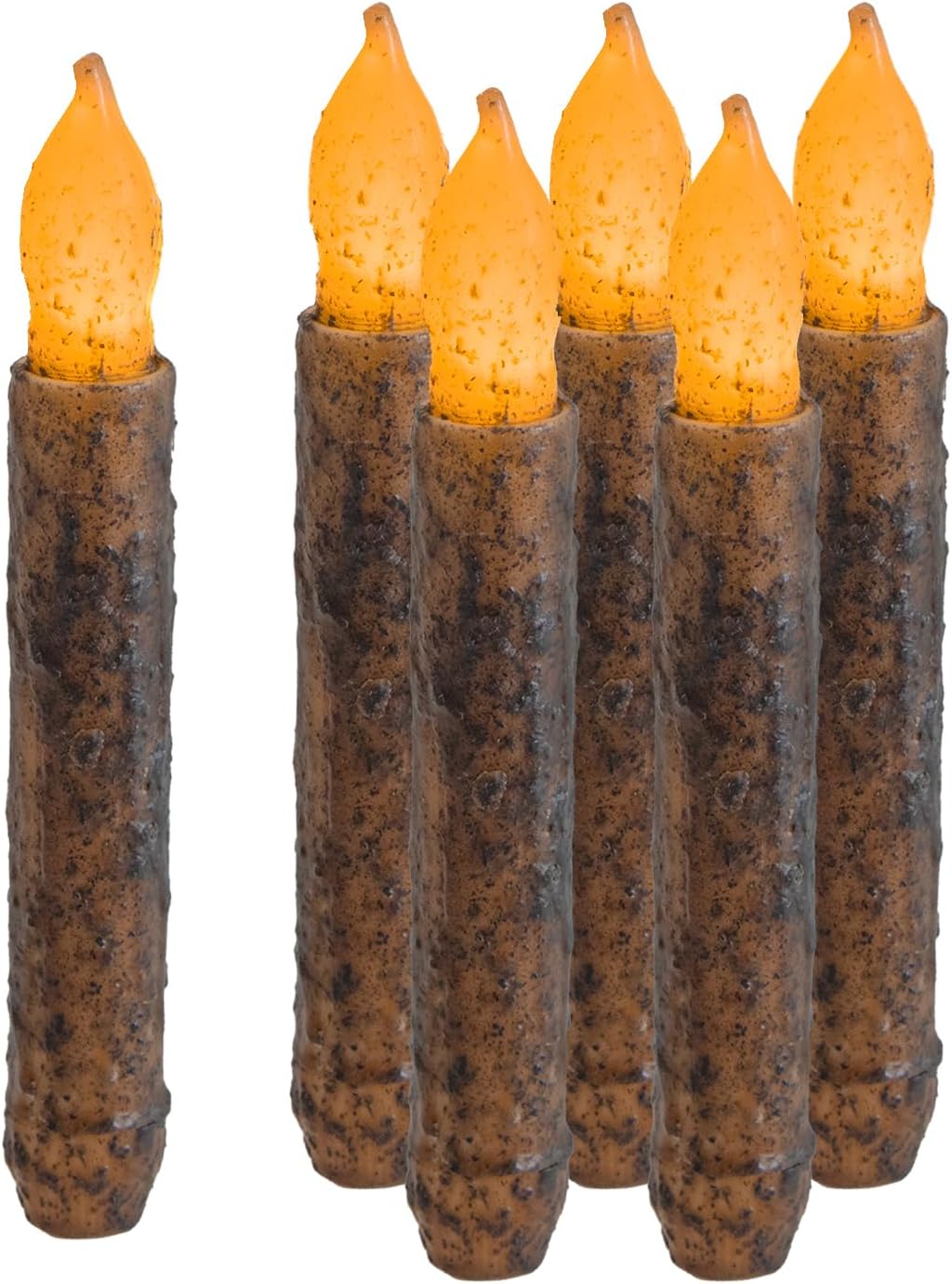 6.5'' Real Wax Taper Primitive Candles Battery Operated 6 Packs Electric Flickering Flameless Candle for Country Room Dining Table Window Christmas Halloween Decoration(Not Timer)