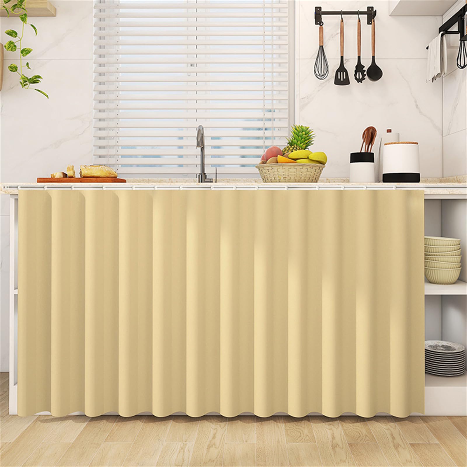 Highdi Cupboard Short Curtain Kitchen, Hide Away Small Curtains for Kitchen Cupboard Door - No Drilling Is Required with Hook and Loop for Under Sink-Solid Colour (Beige Yellow,60 * 120cm)