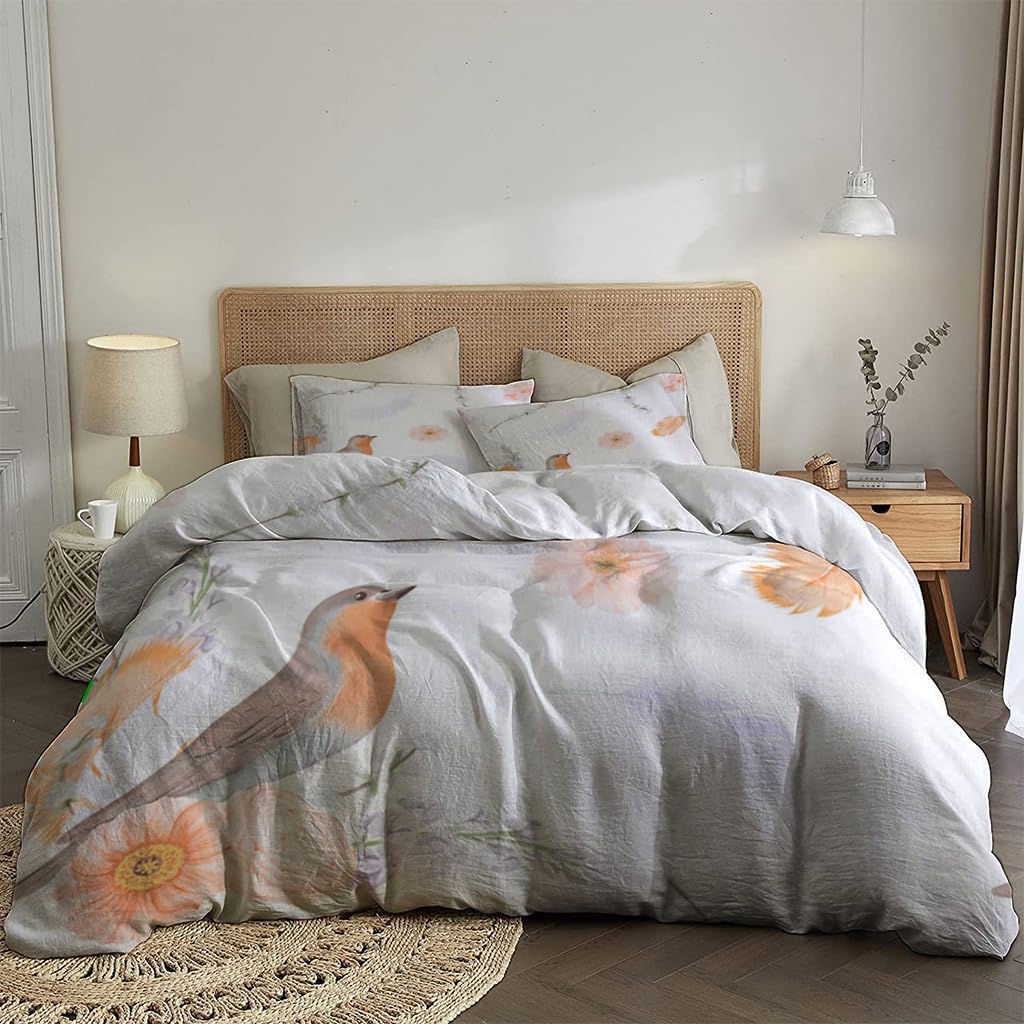 NIBAINLO 布団カバー水彩画-鳥の羽と春の花 肌に優しい ピーチスキン加工 掛け布団カバー 和式 洋式 あったか 布団カバーセット リバーシブル ホームステイ ホテル 家庭兼用