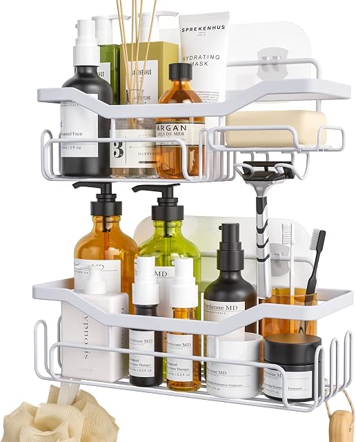 HapiRm Shower Caddy Bathroom Shelf with Soap Dish Holder, Shower Shelf No Drilling with 11 Hooks for Hanging Razor, Shower Ball, Towel, Rust Proof Bathroom Caddy for Kitchen, Bathroom, White