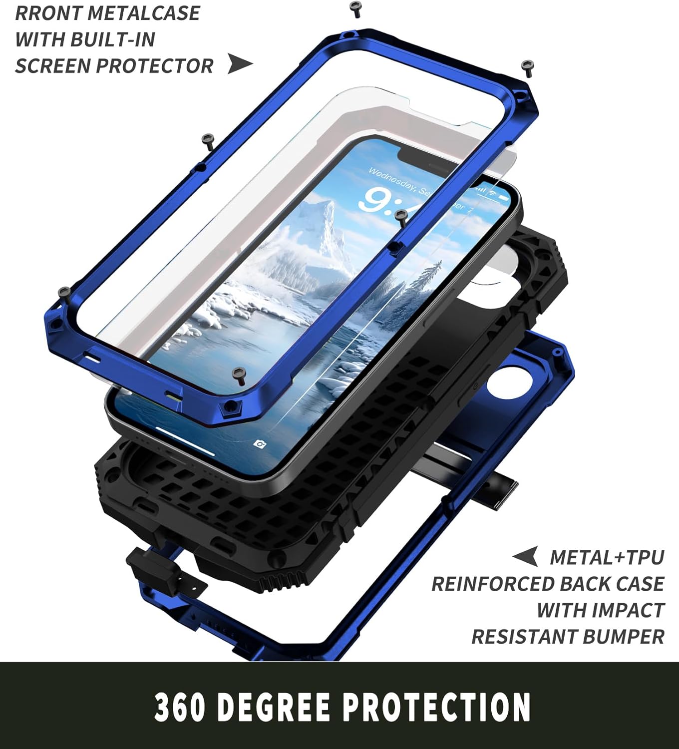 Simicoo Compatible with iPhone 17E 16E 2026 Metal Bumper Metallic Military Dust Proof Heavy Duty Case with Stand Screen Protector Camera Cover Hybrid Durable Full Body case for Man (Blue)