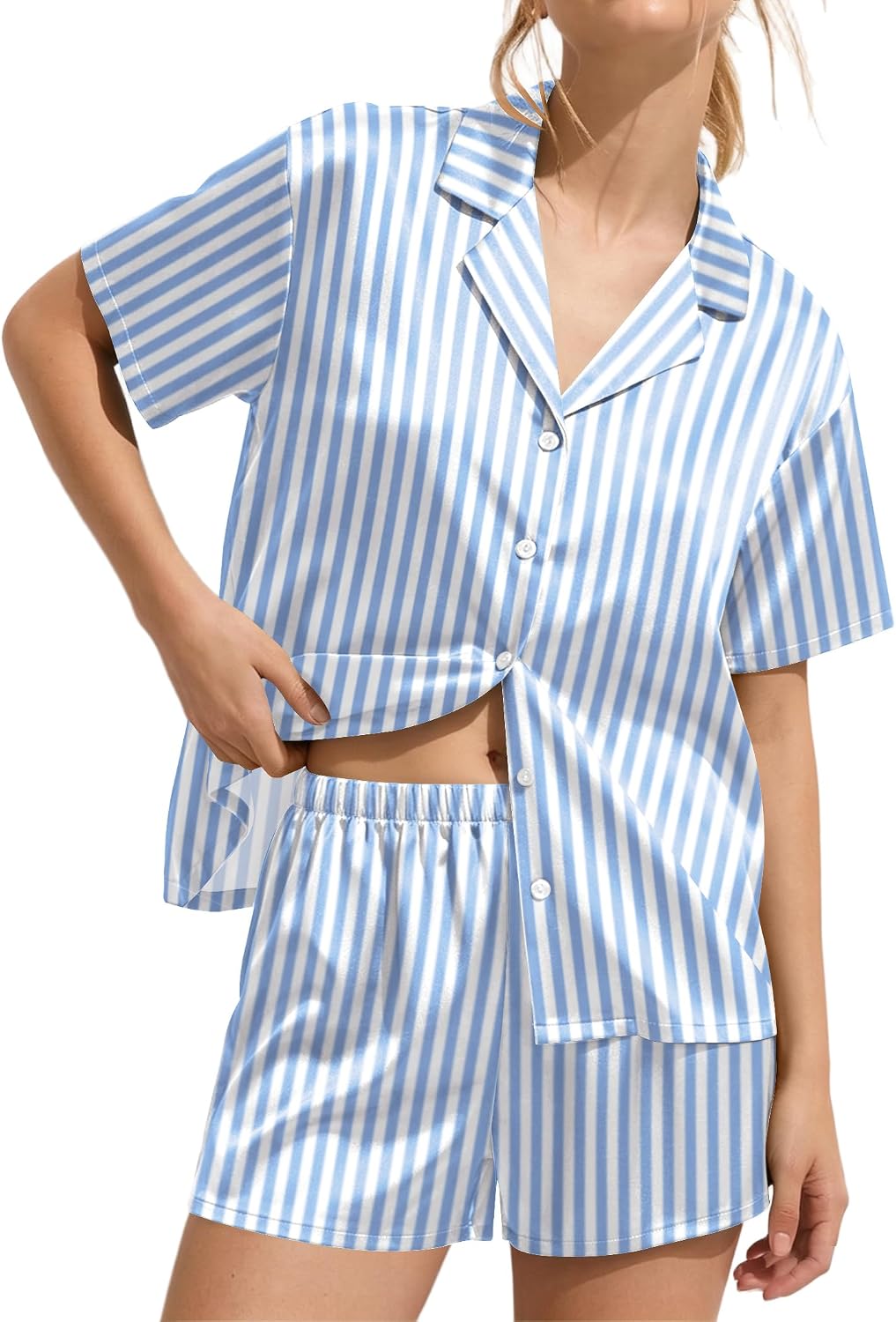 Ekouaer Womens Satin Pajama Set Short Sleeve Sleepwear Button Down Pjs