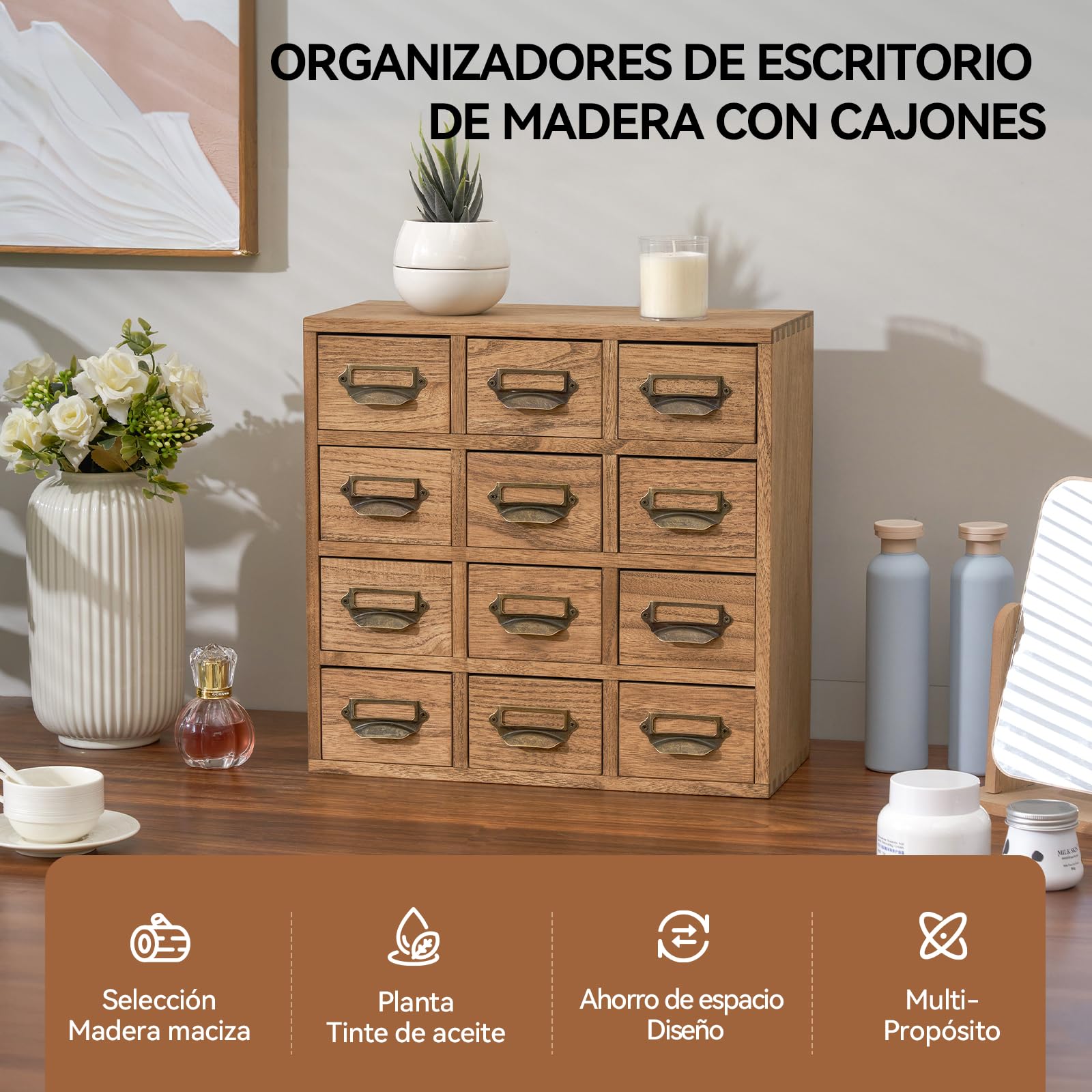 KIRIGEN Cajonera de Madera, Caja de Escritorio, 12 Cajones, Marrón Oscuro | Paulonia maciza; 36 x 16 x 35 cm; tiradores metálicos; clasifica material de oficina y objetos pequeños