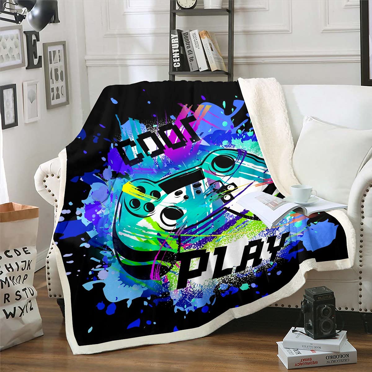Loussiesd Coperta in pile per videogiochi, coperta in peluche per letto, divano, gamepad, sherpa, traspirante, novità, moderno, controller di gioco, calda, coperta sfocata, blu, 200 x 200 cm