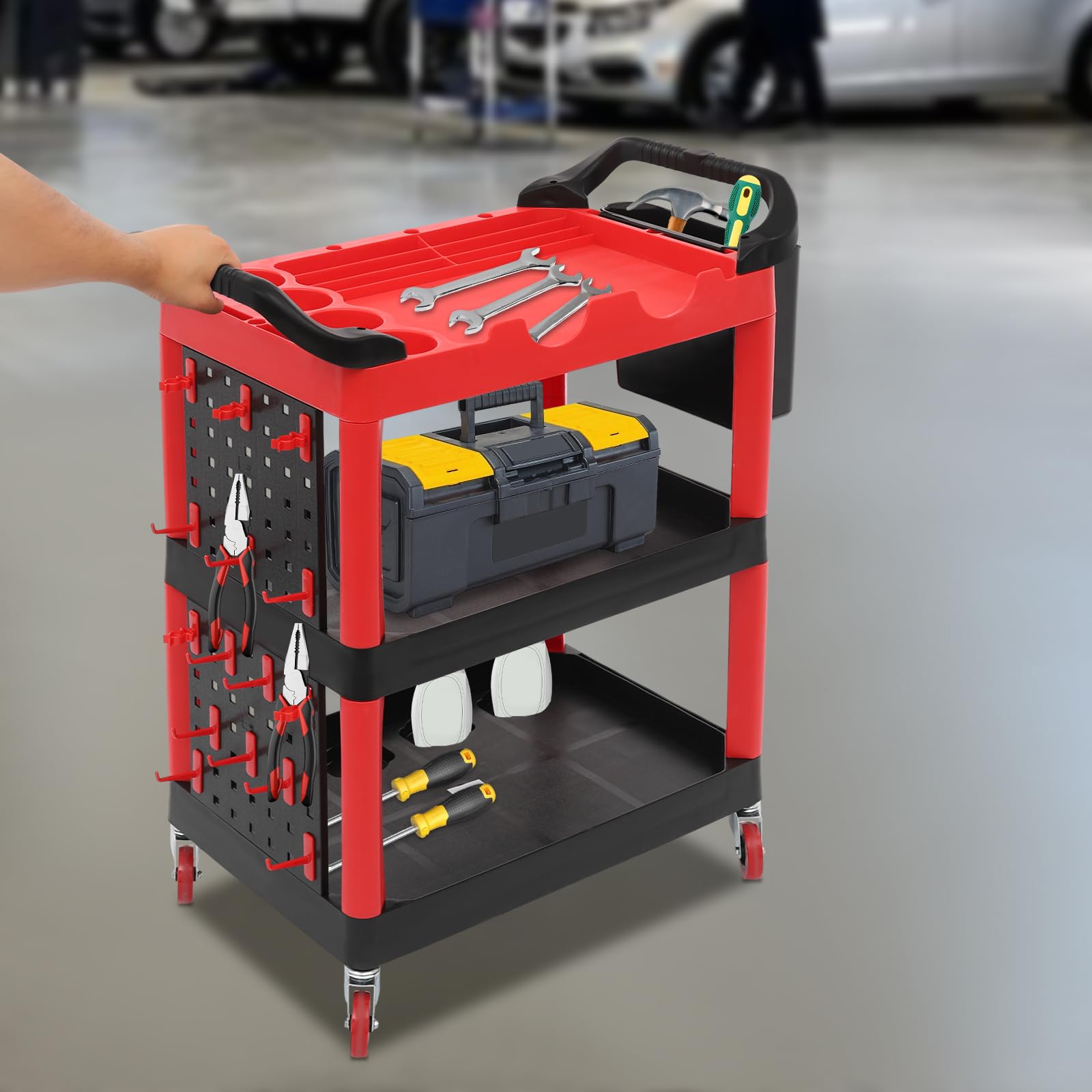 Philipreba 300lbs Capacity Auto Detailing Cart with Wheels, 3 Tier Rolling Utility Detailing Tool Cart Organizer, 32x17x38,5in Car Wash Organizer Cart with Handles & Grooves & Hooks