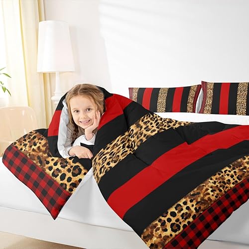 Miniatura 4 de Manfei Juego de edredón con estampado de leopardo, tamaño individual, juego de ropa de cama de 2 piezas a rayas rojas, marrones, negras, edredón de
