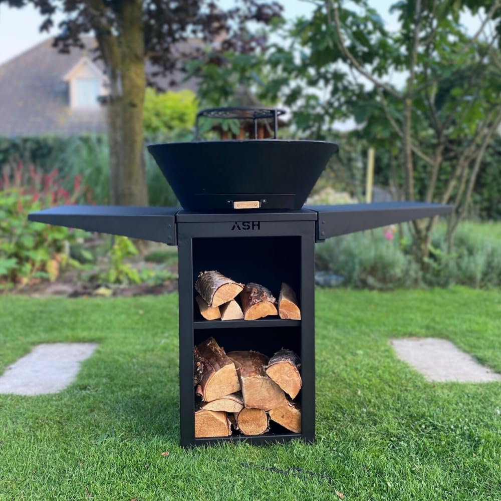 ASH Phoenix - Plancha Grill de Jardin Avec Cheminée - Noir - Acier - Barbecue Brasero Outdoor 60Ø x 115cm - Extra Large - Rangement Bois