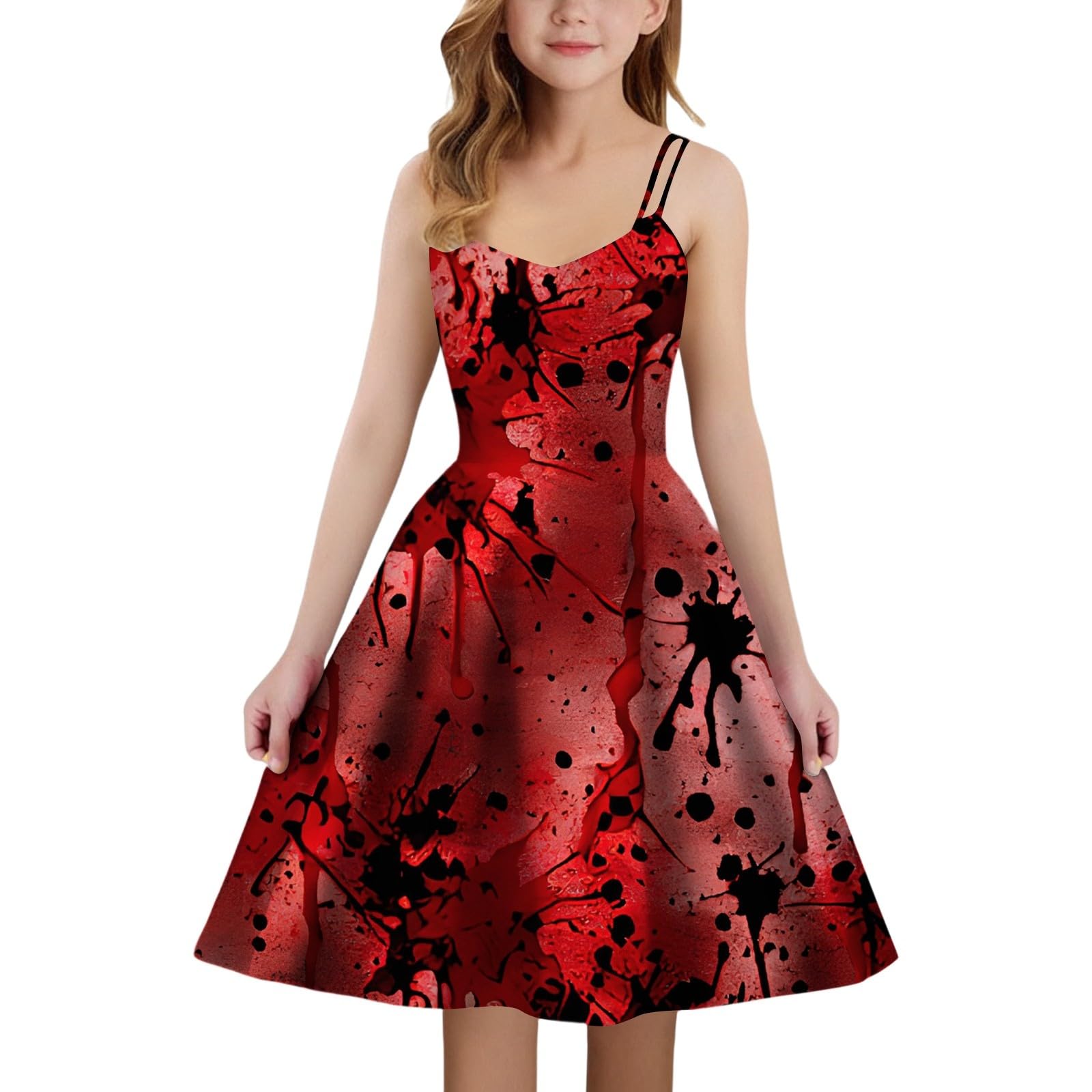 Halloween Kostüm Mädchen - Halloween Kleid Kinder mit Blutbeflecktem Aufdruck Halloweenkostüme Gruselig A-Linie Trägerlos Kleider für Cosplay Karneval Party