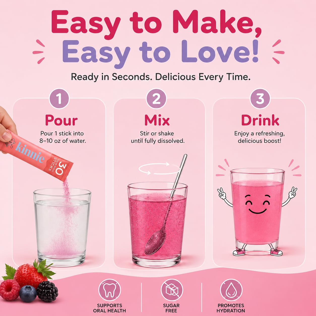 Kinnie Kids Electrolyte Powder Ages 4+ Mixed Berry Vitamins C & D 30 Sticks — Amazon image 6