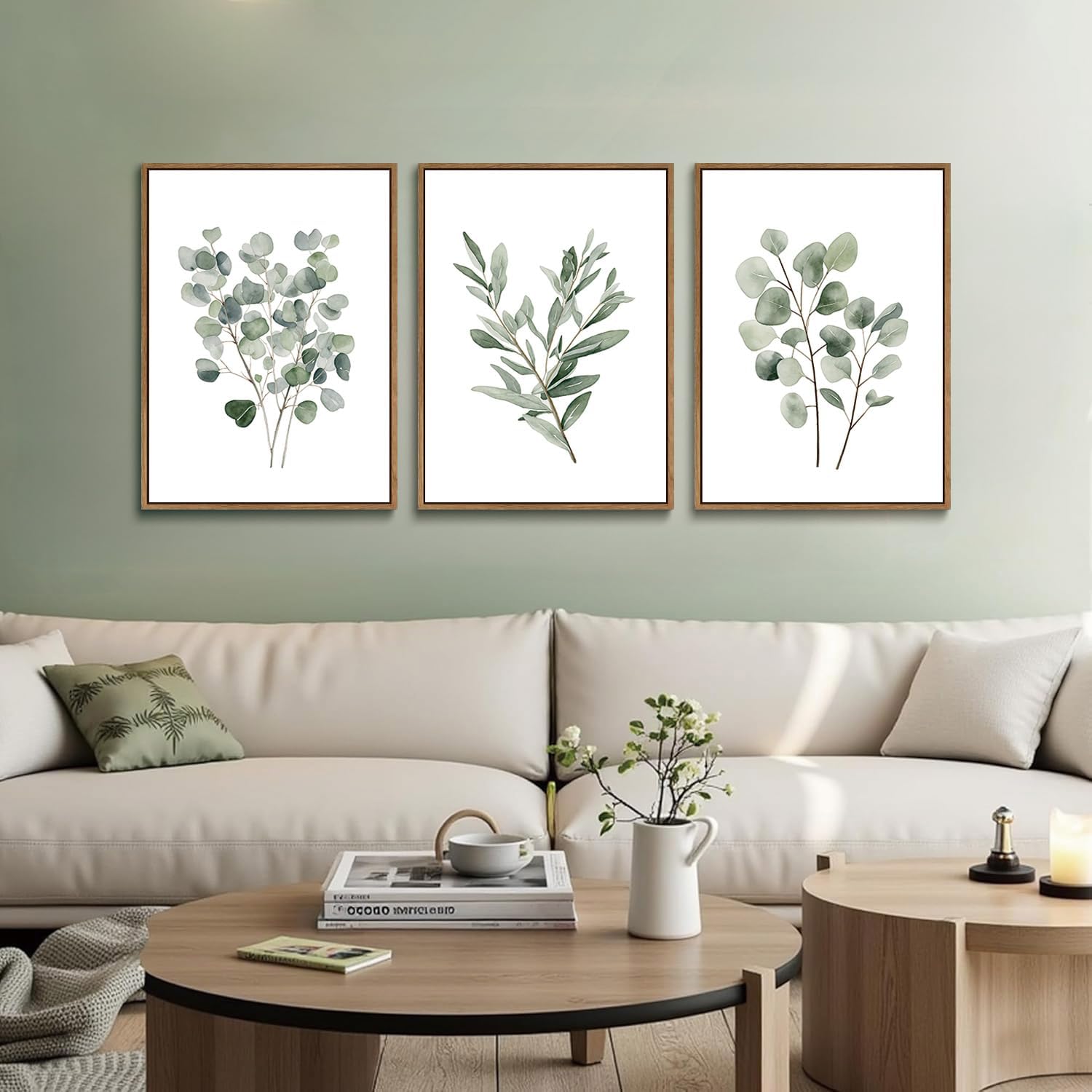 SongZest 3 Piece Green Botanical Framed Wall Art Boho Eucalyptus Leaf Canvas Art Prints Watercolor Plant Pictures Wall Decor Minimalist Aesthetic Greenery Paintings Artwork for Bathroom Kitchen 16x24in