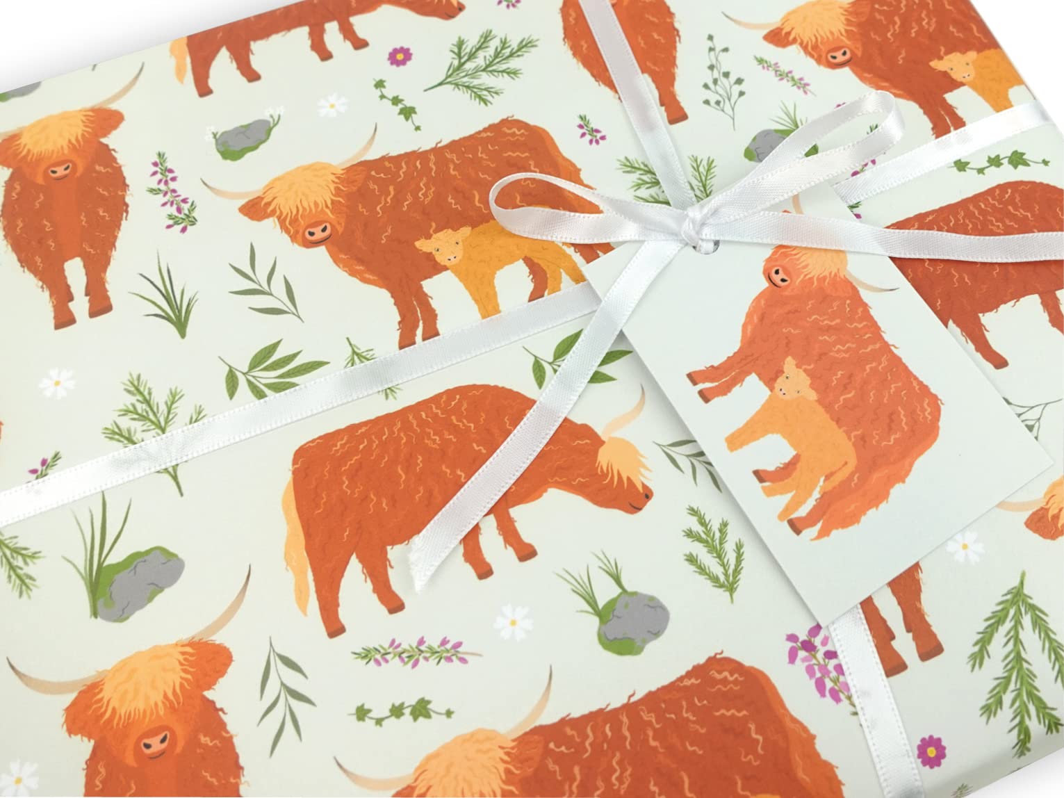 Animal wrapping paper | Handmade gift wrap by VerbatimART - 50x70cm (2 Sheets + 2 Tags, Scottish Highland Cow) โ image 1