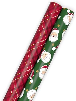 Hallmark Classic Christmas Wrapping Paper Rolls 2 Rolls 160 Sq. Ft. Total Santa Claus Faces on Green, Barn Red and Cream Plaid