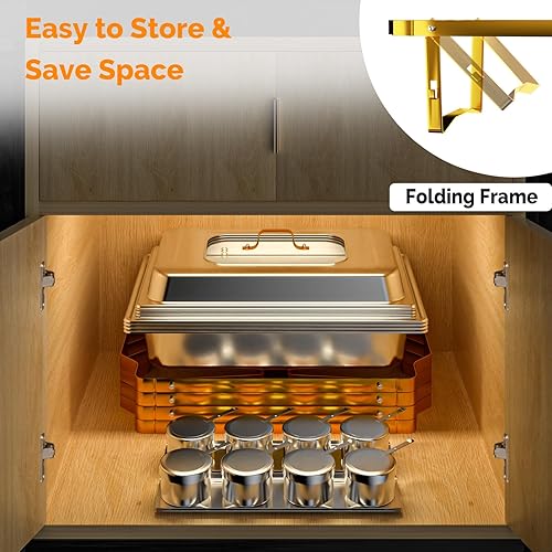 Miniatura 5 de ROVSUN Juego de bufé de 8 cuartos de galón, acero inoxidable, calentador de alimentos de restaurante, estufa de bufé rectangular con 3 bandejas de