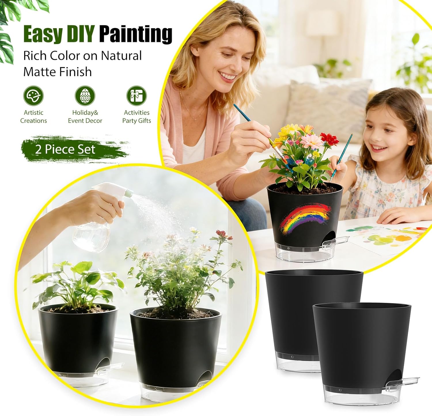 Plant Pots 8 Inch Self Watering Pots, 2 Pack Plastic Planters with Drainage Holes and Clear Saucers,Plastic Flower Pots for Indoor Out Door Plants (Black)