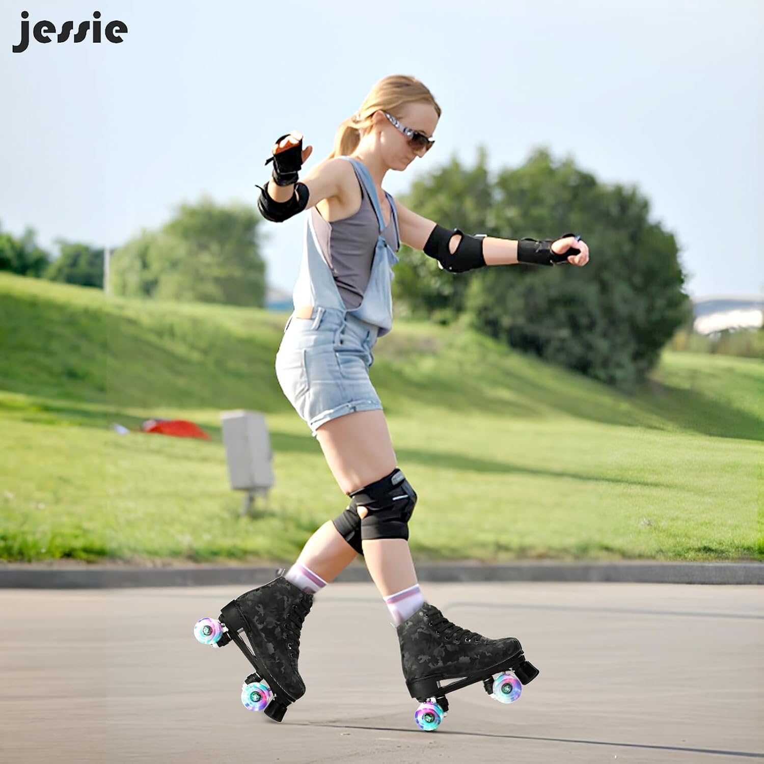 jessie Outdoor Roller Skates Women Adult with Light Up Wheels Black Quad Skating for Men Youth Boys Girls image 4