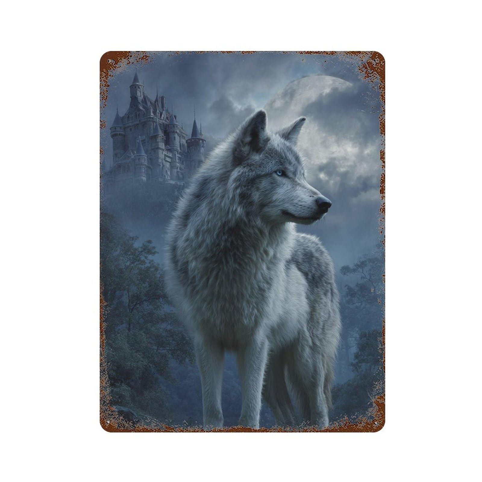 Wolf Moon Castle Night 15.7"x11.8" Decorative Tin Sign, Farmhouse Wall Decor for Farmhouse, Kitchen And Entryway Decor