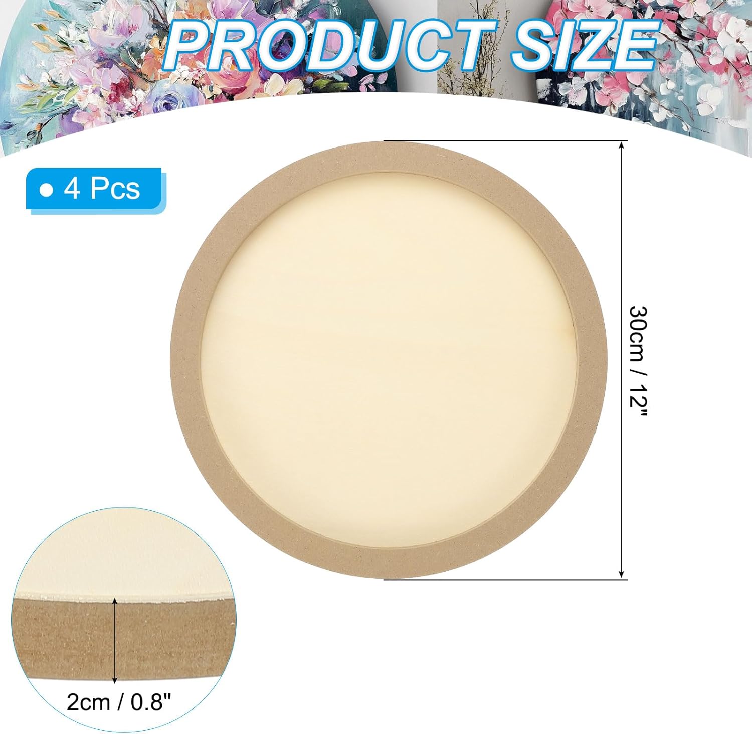 PATIKIL 12" Round Wood Canvas Panels, 4pcs Unfinished Wood Plaque Disc Circle Board for Craft Projects, Art Painting, Carving, Engraving, DIY