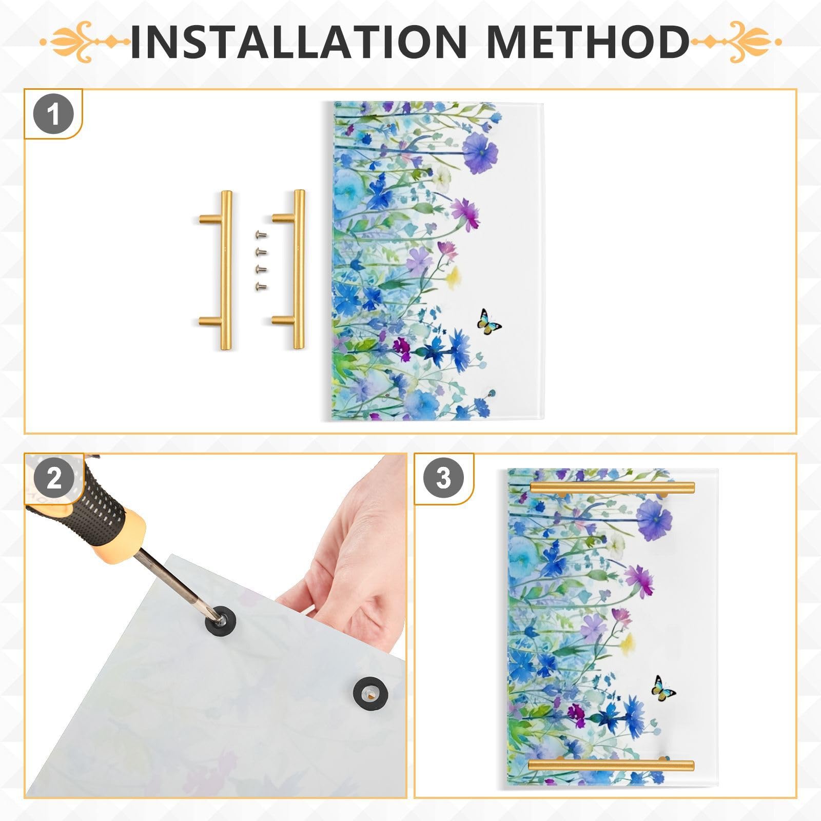 Wassud Bathroom Vanity Tray with Handles Watercolor Flower Field Acrylic Jewelry Perfume Organizer for Bathroom Kitchen Counter 11.81