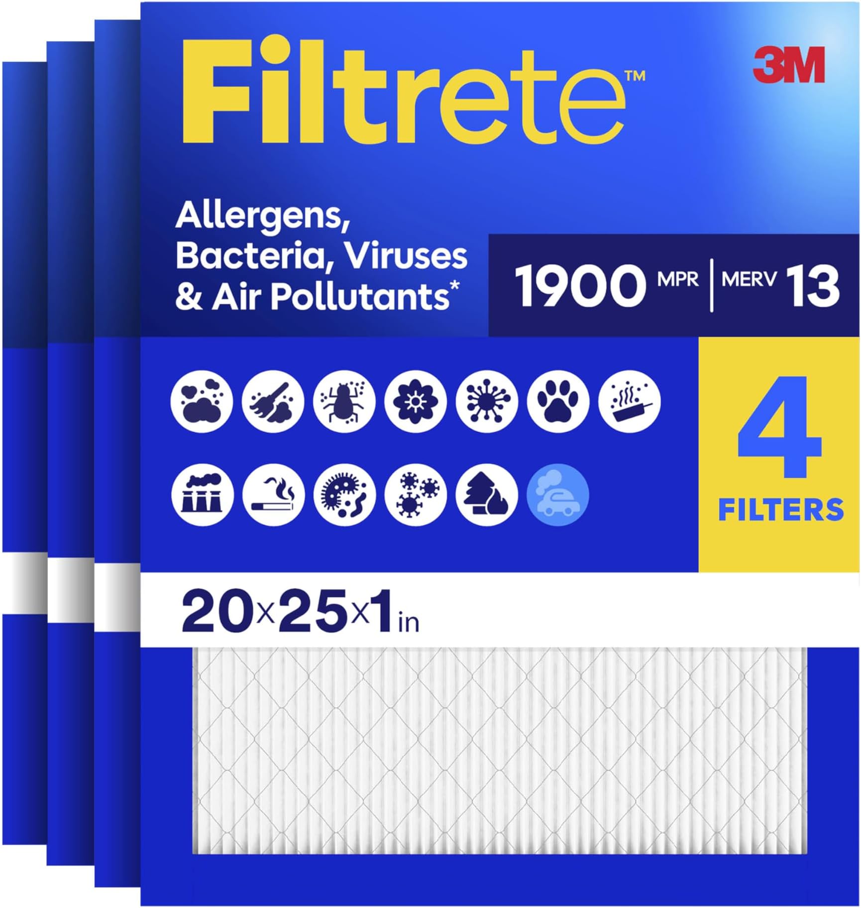 20x25x1 Air Filter, MERV 13 MPR 1900, Allergens, Bacteria, Viruses & Air Pollutants, 3-Month AC/Furnace Filters, Cleaner Air Reliable Airflow, 4 HVAC Filters(Act Size 19.62x24.62x0.78 in)