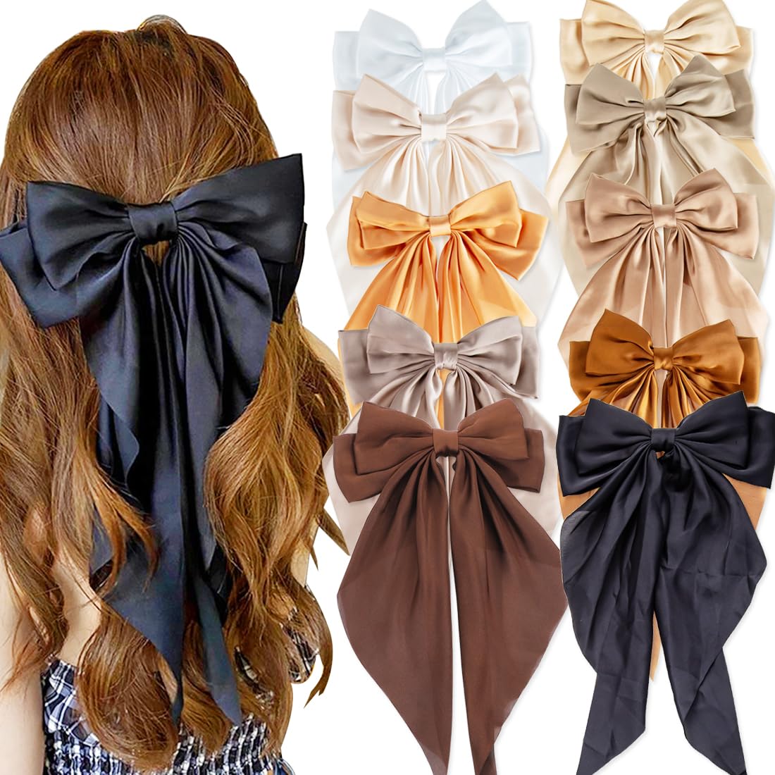 10 PCS Large Hair Bows Ribbon Bow for Women,Hair Bows for Womens,Oversized Long-tail Cute Aesthetic Hair Accessories,Large Hair Barrettes for Women,
