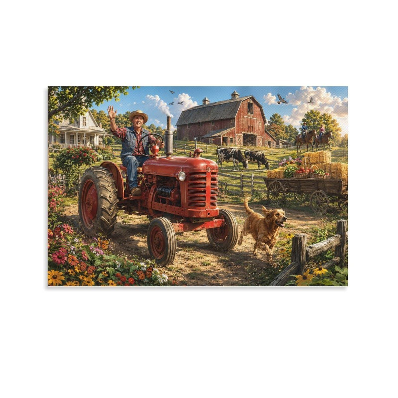 ASDFGHJKLZA Red Tractor Farm Harvest Canvas Prints Pictures Poster Modern HD Wall Art Decor for Bedroom, Living Room, Home, Office Decorations, Gift 24x36inch(60x90cm)