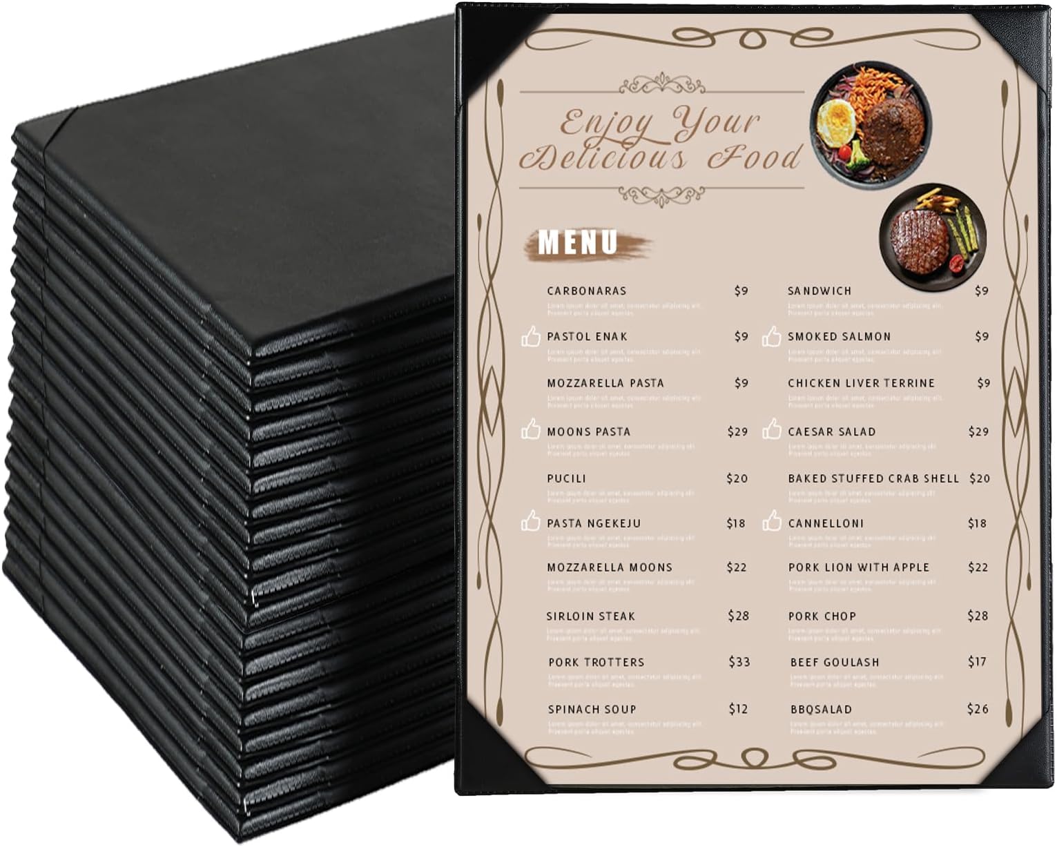 Restaurant Menu Covers Holders 8.5" X 11", 20 Pack Synthetic Leather Single View Menu Holder Covers Book Style with Angled Corners Black for Wine List, Protect Menu Paper