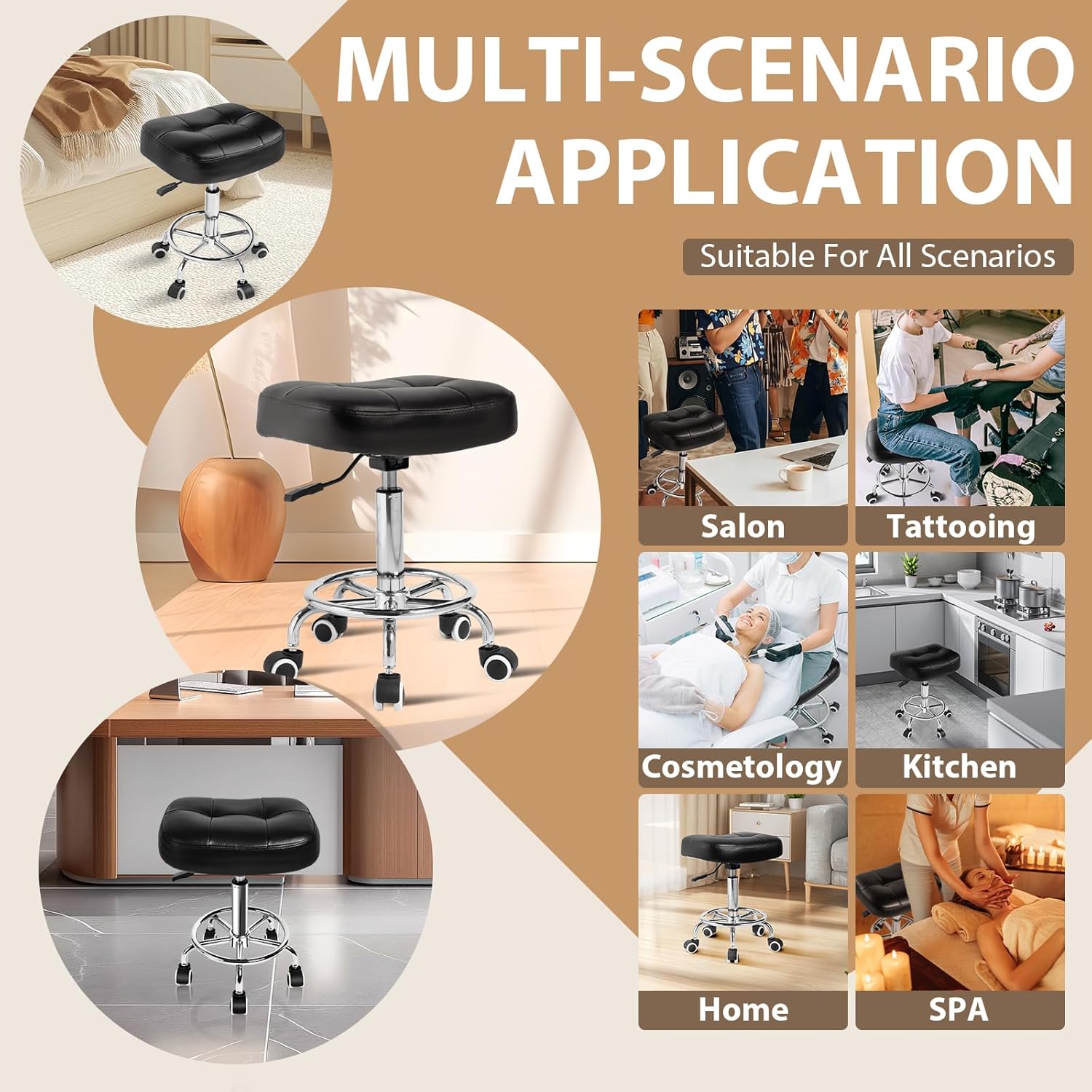 Rolling Stool Wider Rectangular Cushion-Provides a Comfortable, Stable Support Surface with Loop Footrest for Leg Support,Adjustable Stool with Wheels for Salon Tattoo Massage Office Home (Black)
