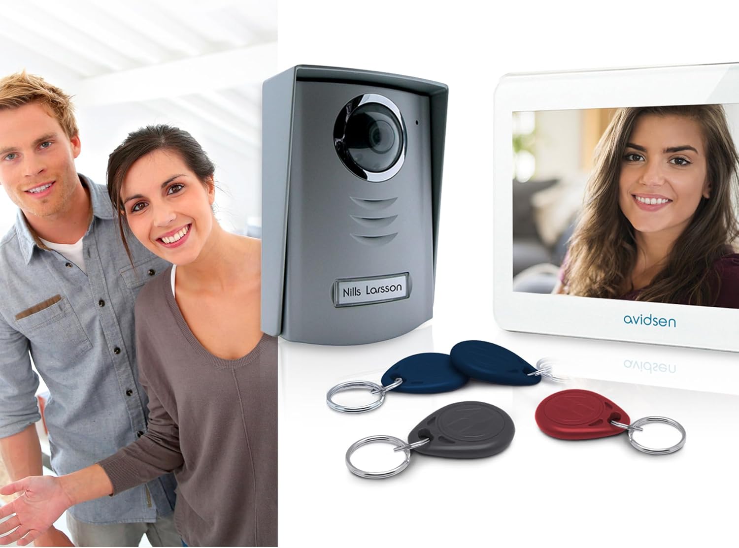 Avidsen YLVA 2+ system components: indoor monitor, outdoor station, and RFID badges, with a couple in the background.