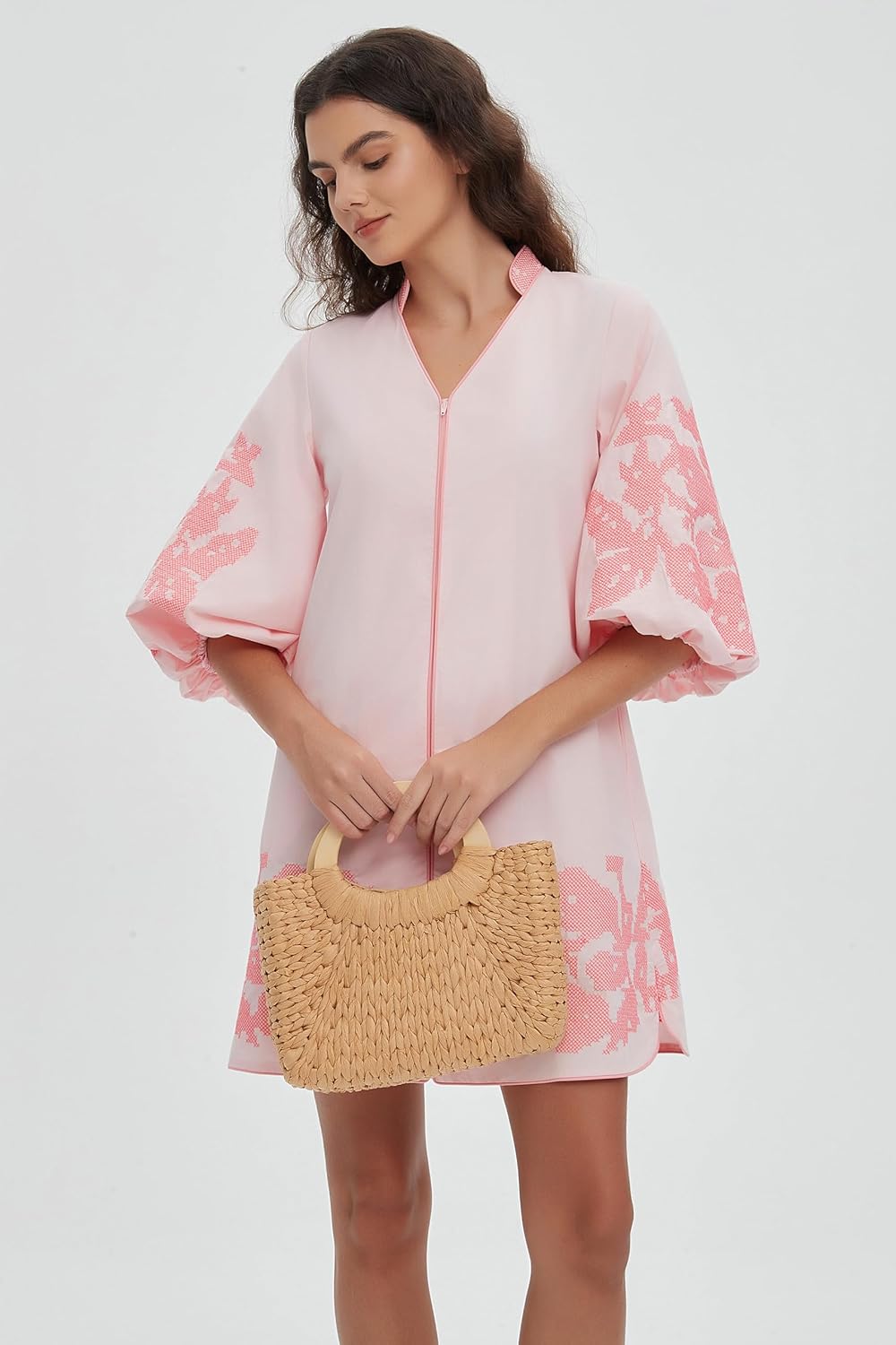 D-Sun Women Floral Embroidery Mini Dress 3/4 Puff Sleeves V Neck Tunic Mini Dress Zip Party Dresses - Image 4