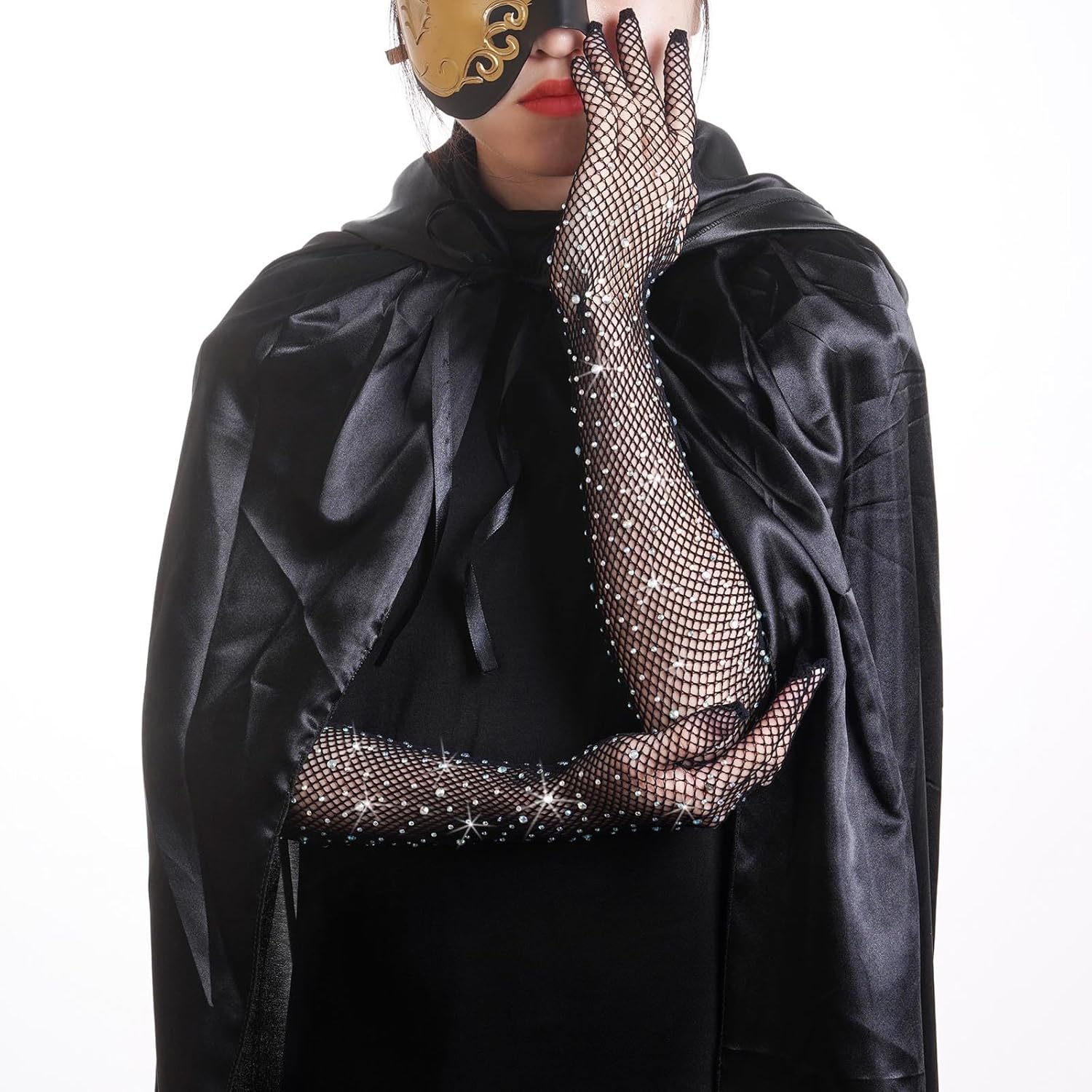 SUMERSHA Women's Rhinestone Fishnet Gloves Long Mesh Sparkly Opera Party Glitter Sheer Gloves for Halloween Costume Accessory - Image 6