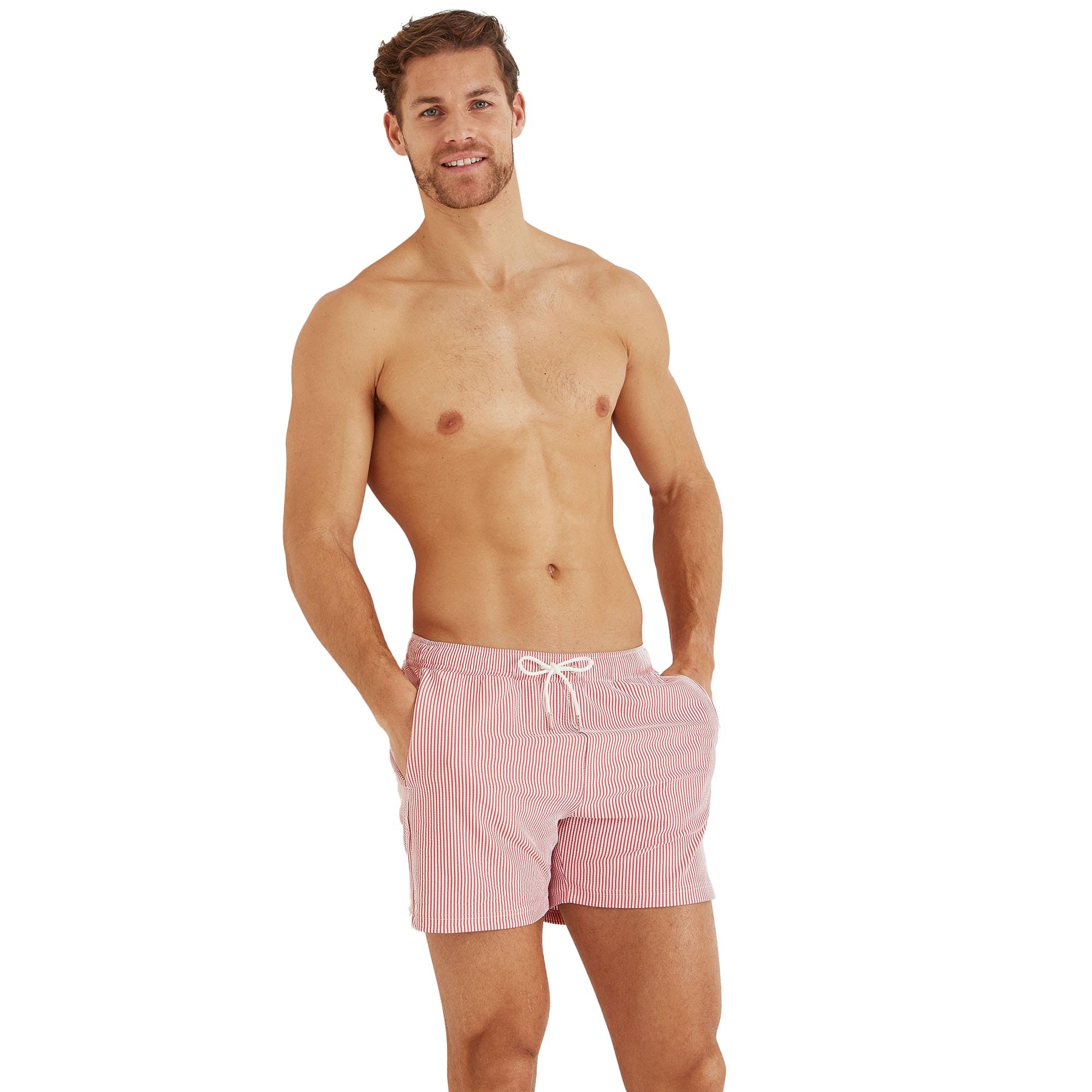 Tog24 Men's Washed Red Stripe Micah Swim Shorts. Crafted From Seersucker Fabric So They Don't Stick To Your Skin In The Heat. Add These Swimming Shorts To Your Holiday Wardrobe Or Take Them To The Gym