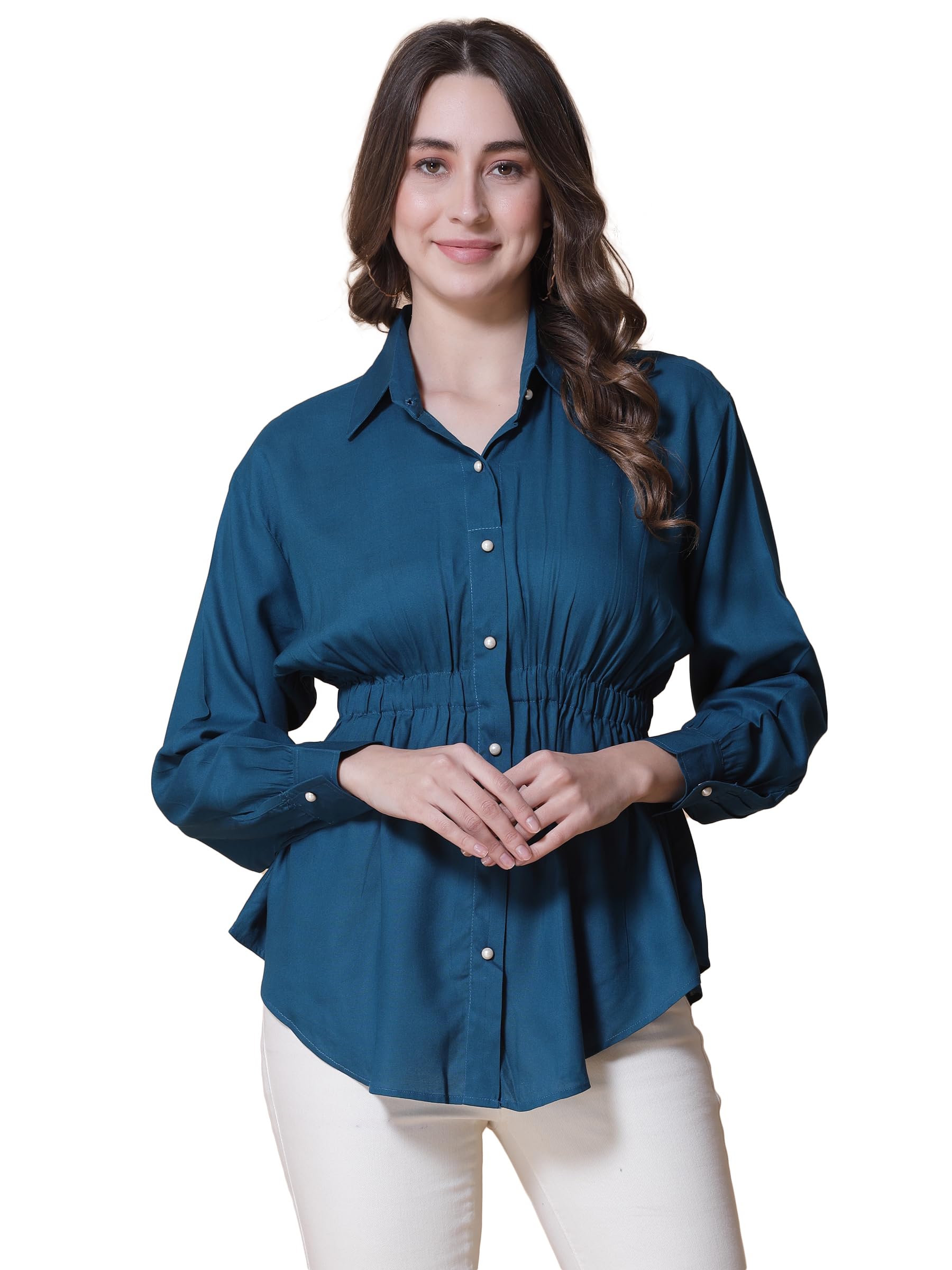 god bless Teal Blue Colored Rayon Printed Solid Women Shirt Tunics-picture-2