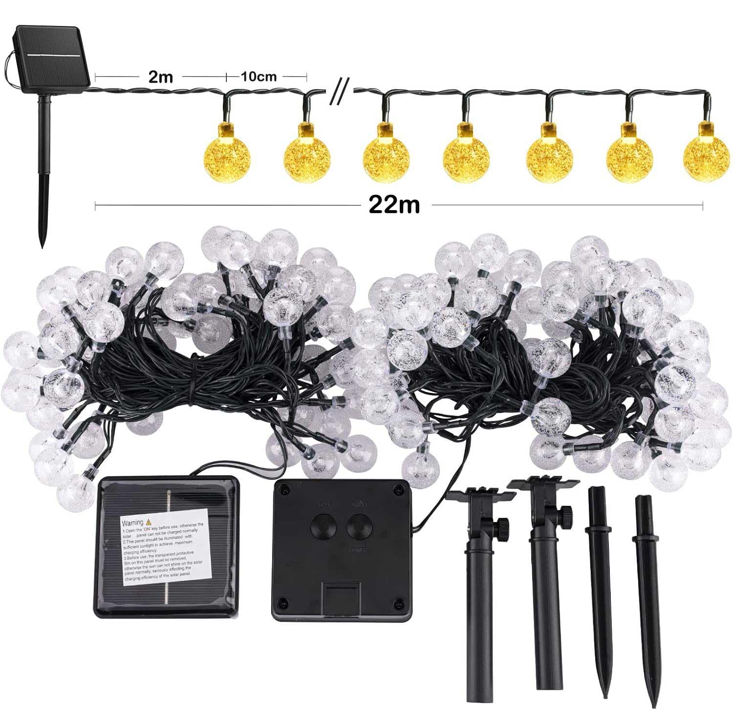 Guirnalda De Luces Solares Para Exteriores 22 Metros 200 LED Focos Luces De Cadena Decorativas Para Jardín, Luces De Cadena De Bola 8 Modelo Adecuados Para Césped Fiesta Navidad (Blanco Cálido, 22M)
