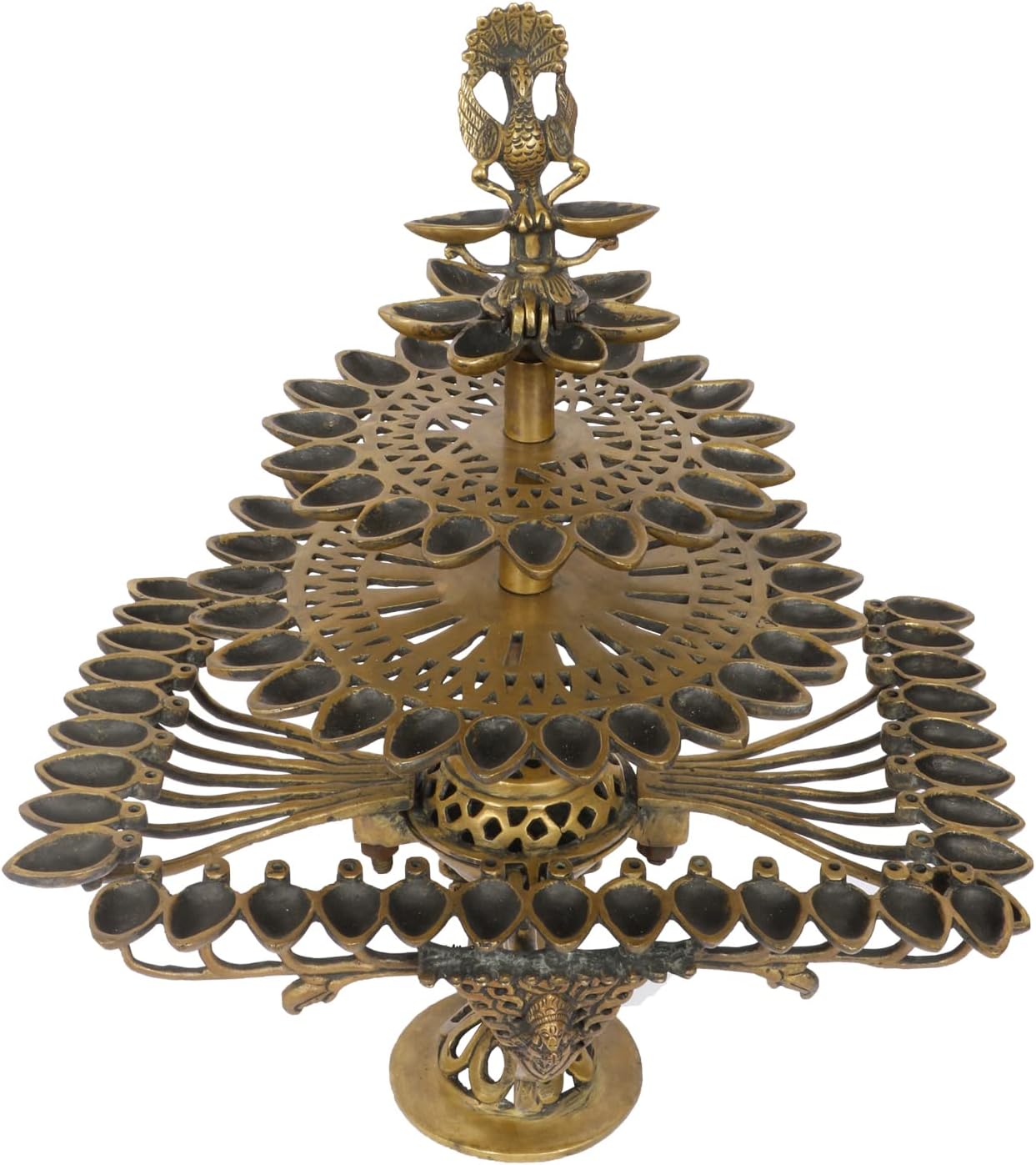 Kartique Brass Chaurasi 84 Oil Lamp Diya Deepam for Temple Aarti Deepak Pooja Camphor Kapoor Kapur Burner Hand held Dia Puja Jyot Height 16.5 Inch Antique Gold Color