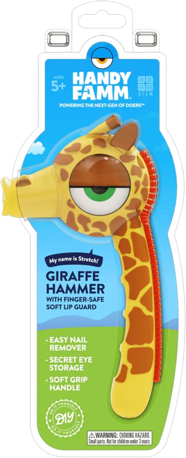 Handy Famm Real Metal Yellow Giraffe Hammer for Kids, Patented Safety Mouth Sleeve and Nail Remover, STEM DIY Tool for Children Ages 5 and Up