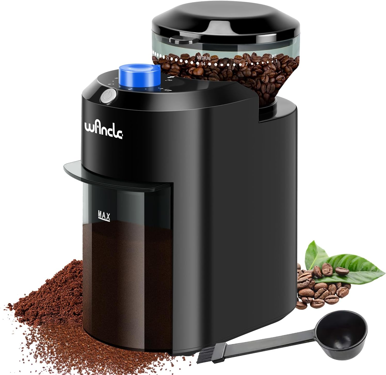 Wancle Electric Burr Coffee Grinder - Adjustable with 28 Precise Grind Settings for 12 Cups - Professional Coffee Bean Grinder (Plastic, Black+Blue)
