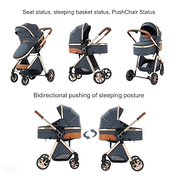 2 in 1 Convertible Baby Stroller with Bassinet Mode, Reversible Infant Bassinet Stroller with One-Click Folding, Newborn Travel Carriage Toddler Standard Pram (225 Black Gold)