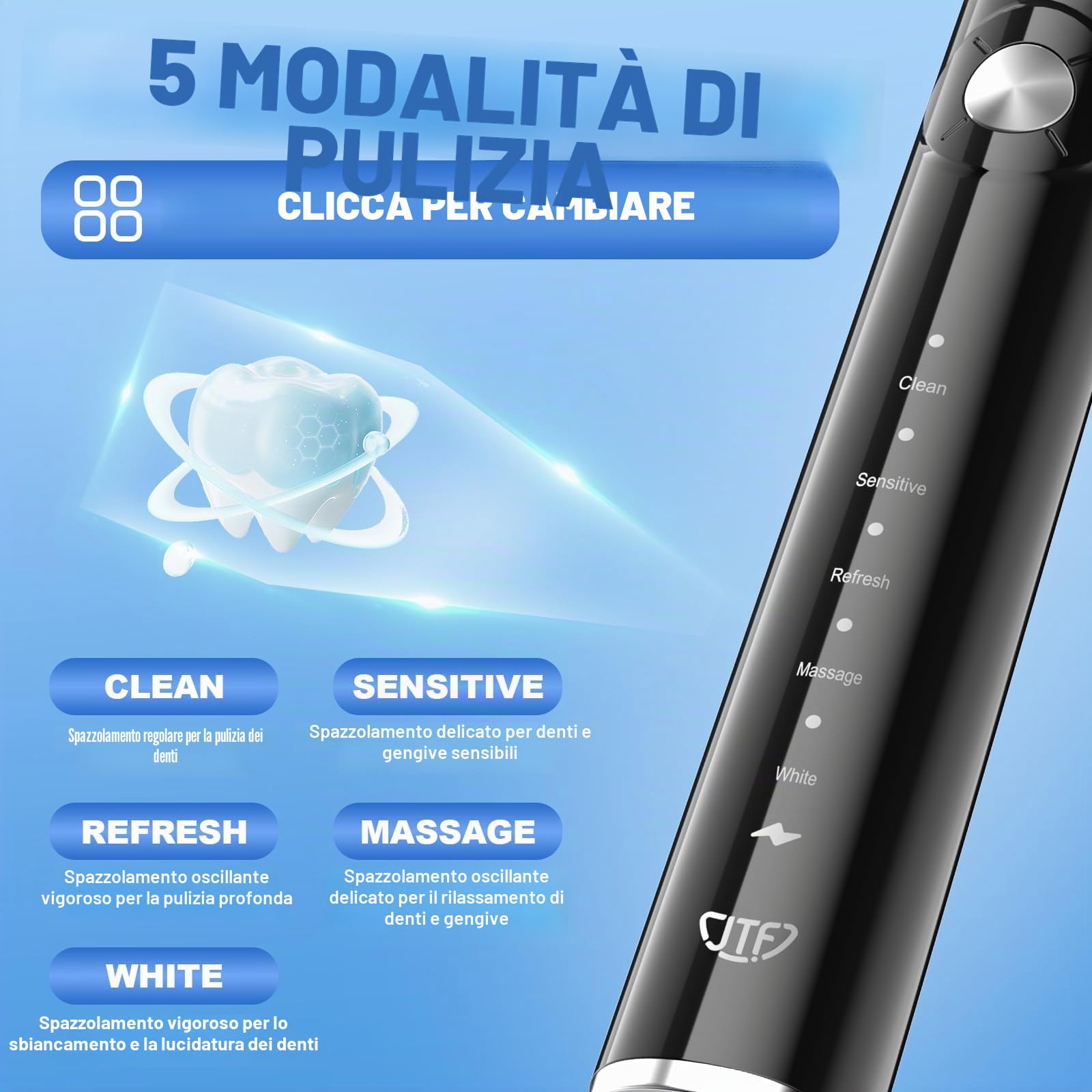 JTF Spazzolino Elettrico Sonico Adulti con 5 Modalità di Spazzolamento, Spazzolini Elettrici ad Ultrasuoni Impermeabile IPX7, 6 Testine, Timer e Custodia Spazzolino da Viaggio