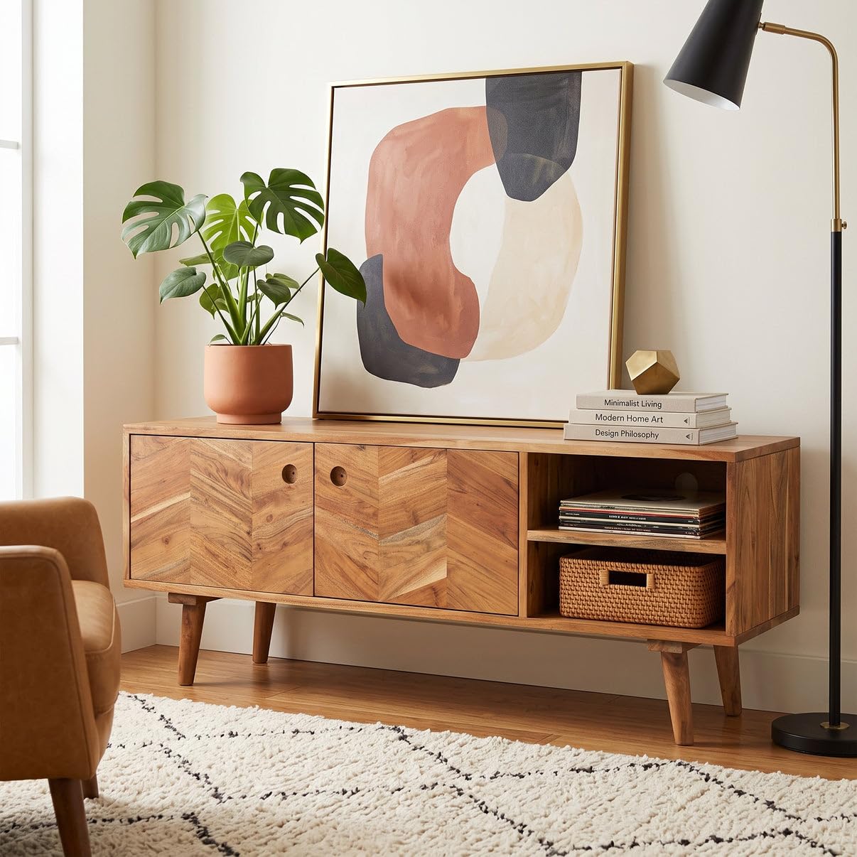 Solid Wood TV Unit with Chevron Pattern Mid-Century Modern | 2 Cabinets & 2 Open Shelves, Cable Management Holes, Tapered Legs, Natural Wood Finish, Handcrafted-image-20