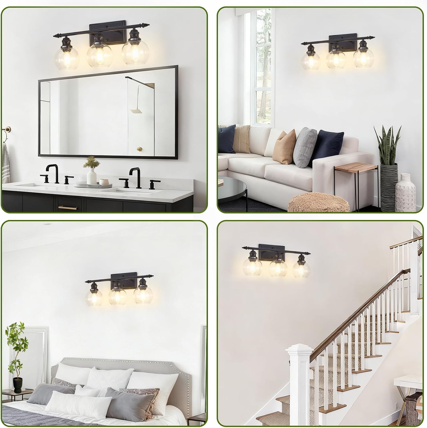 3-Light Bathroom Light Fixtures Matte Black Vanity Light Over Mirror Modern Vanity Lighting with Clear Glass Globe Vintage Wall Sconce for Kitchen Living Room Hallway Bedroom
