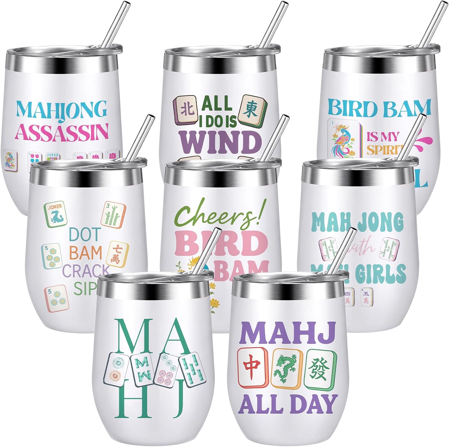Sliner 8 Pcs Mahjong Tumbler with Lid 12oz Stainless Steel Insulated Cups Mah Jong Accessories Travel Coffee Cup for Women Men Mahjong Lovers Birthday Game Night Party Favors