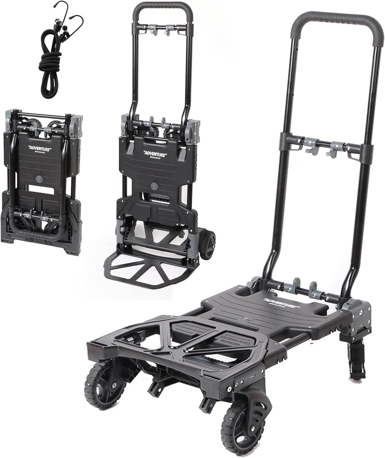 SHIMOYAMA Folding Hand Truck, 330lb Camping Storage Trolley with Brake, Adjustable Luggage Cart with Wheels, Portable Fold up Dolly for Travel, Picnic, Black with Gray Accents