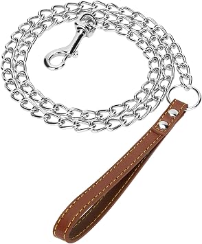 SGODA Chain Dog Leash with Leather Handle 4 Feet Brown